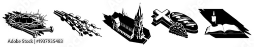 Set of Christian Easter religious symbols including crown of thorns church cross and bible in black and white