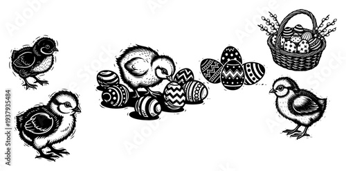 Collection of black and white woodcut style Easter featuring baby chicks decorated eggs and a basket