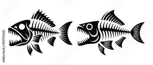 Aggressive Fish Skeleton, Fish Skeleton Bone Vector Illustration, Bold Black White Aggressive Fishbone Graphic, Bold Fishbone Spine Illustration Set for Fishing Club Logo