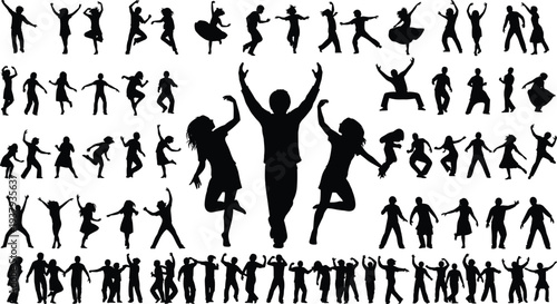 Black silhouette collection of happy people dancing and jumping in various poses isolated on white background group of diverse crowd celebrating together
