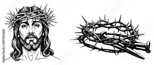 Jesus Christ wearing crown of thorns alongside crucifixion nails in detailed woodcut style