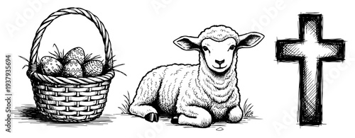 Hand drawn easter basket with eggs together with sacrificial lamb and christian cross