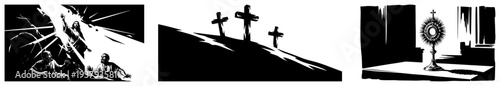 Christian Easter scenes with Jesus resurrection three crosses on a hill and a monstrance black and white vector art