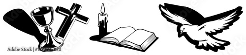 Set of religious symbols including chalice open bible and flying dove in black and white vector style