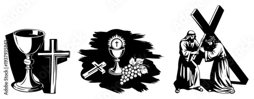 Christian religious graphics featuring holy communion chalice with grapes and Jesus bearing the cross black and white style
