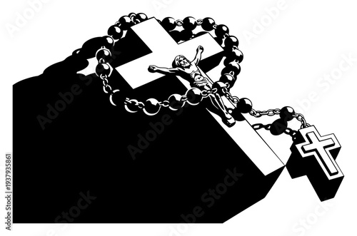 Black and white illustration of a crucifix cross with rosary beads on a rocky surface