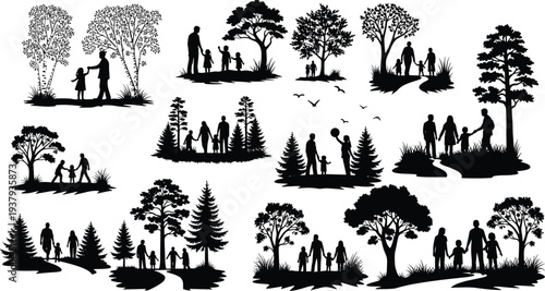 Black silhouette collection of people and families walking in a park with pine trees and nature elements isolated on white background for design.