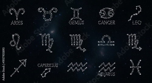 Collection of Zodiac Constellation Symbols on a Dark Background.