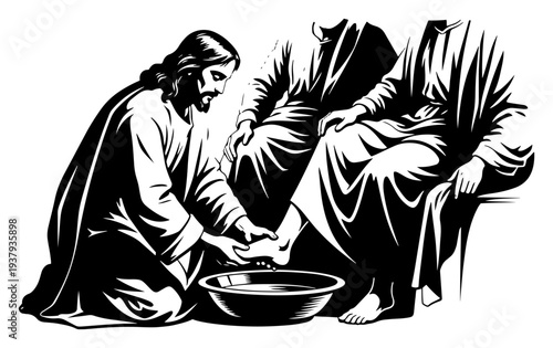 Jesus washing the feet of his disciples in a traditional biblical scene illustration