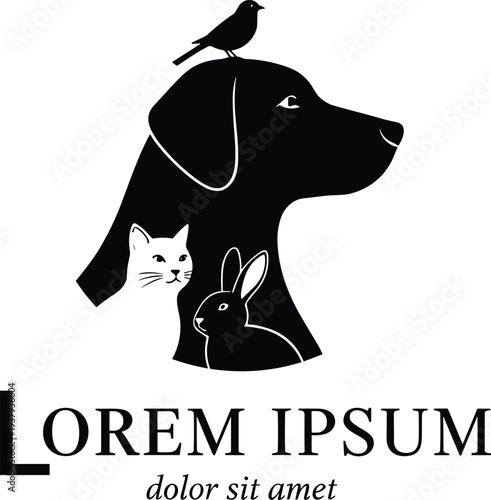 Black silhouette of a dog cat rabbit and bird isolated on white background for veterinary clinic pet shop or animal rescue logo