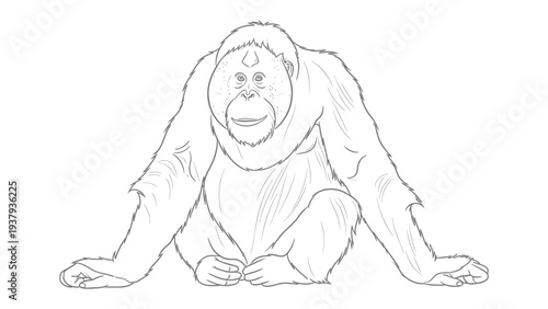 Orangutan Line Drawing: A detailed line drawing of an orangutan depicts the primate in a moment of calm contemplation. The image is an illustration, not a photo.