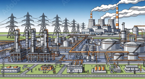 Industrial Power Plant Complex with Smokestacks and Transmission Towers.