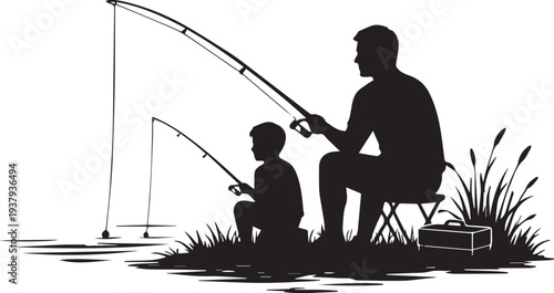Father and Son Fishing by the Lake Silhouette – Peaceful Family Activity Black Vector IllustrationFather and Son Fishing by the Lake Silhouette – Peaceful Family Activity Black Vector Illustration