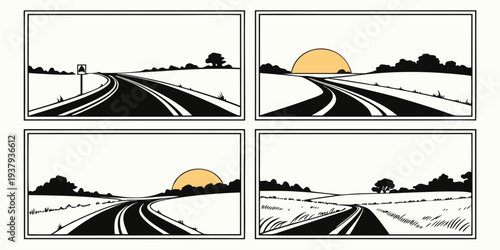 A series of illustrations depicting a car navigating through various weather conditions Vector