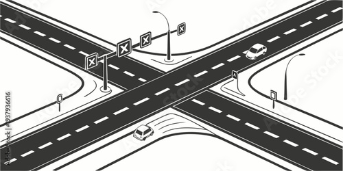 A detailed illustration of a complex intersection with multiple lanes and traffic signals. Vector