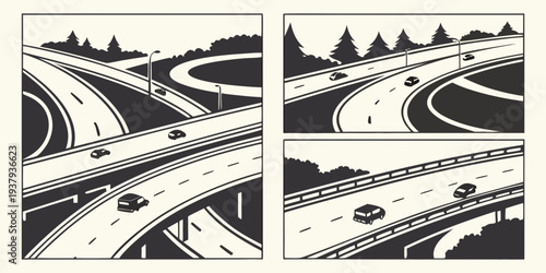 A detailed illustration of a complex road system with multiple lanes and bridges. Vector