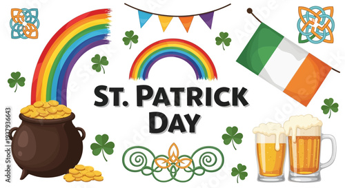 A colorful St. Patrick's Day illustration featuring a pot of gold, rainbow, shamrocks, and beer glasses with a green celebration theme and Irish tradition concept on a white background.