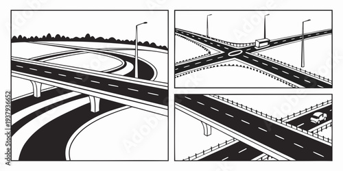 Aerial view of a winding road through a mountainous landscape with a river Vector