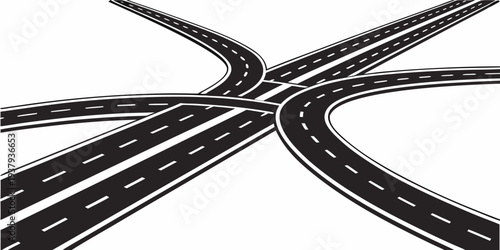 Intricate black and white illustration of a complex intersection with multiple roads and lanes Vector
