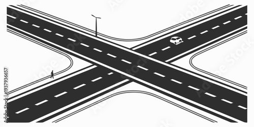 A detailed illustration of a multi-lane intersection with traffic signs. Vector