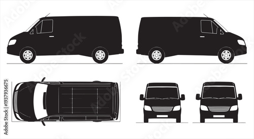 Cargo van views set with side, top, front and rear angles, black silhouette vector illustration