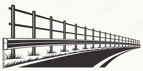 A long, straight road stretches into the distance, bordered by a high fence. Vector