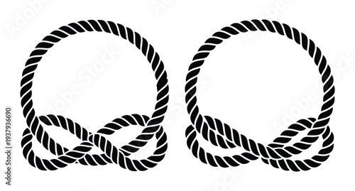 Circular Rope Frame, Stroke Styles, Black White Nautical Round Border, Black White Closed Knot Circle Frame, Nautical Rope Circle Frame Vectors Varied Stroke Weight
