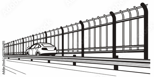 A detailed black and white illustration of a train on a track with a bridge in the background Vector