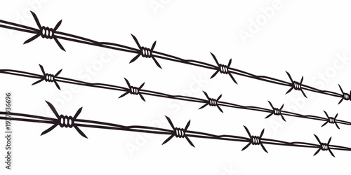 A close-up view of a barbed wire fence with sharp barbs on the wires. Vector
