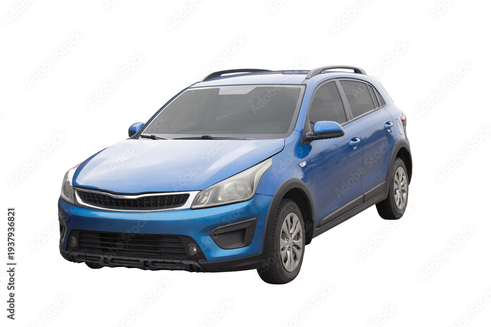 Fototapeta premium Blue crossover SUV front angle isolated on white background