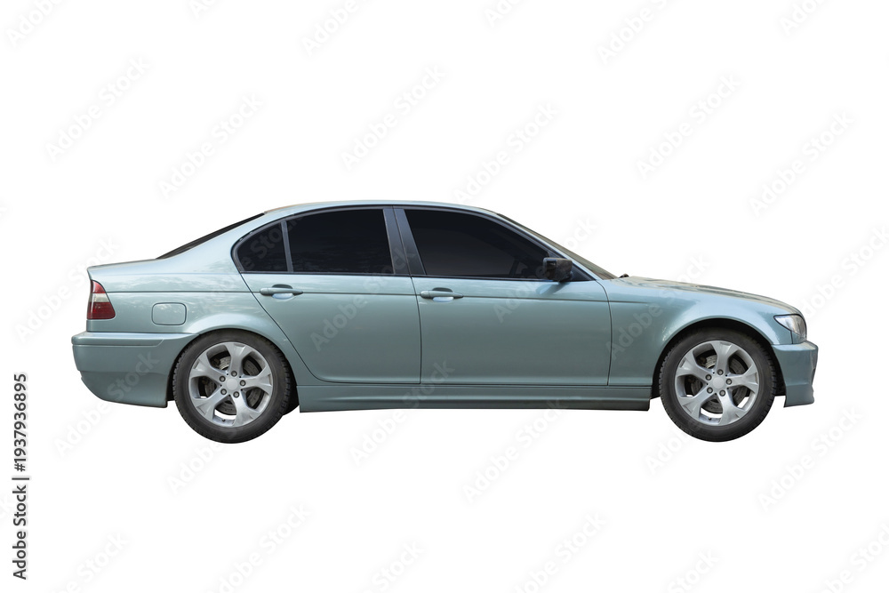 Fototapeta premium Light blue sedan car side view isolated on white background