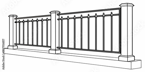 A detailed illustration of a white metal fence with vertical bars and horizontal supports. Vector