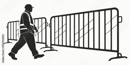 A person walking past a row of metal barricades on a city street Vector