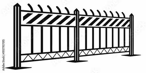 A black and white striped barrier fence with a warning sign. Vector