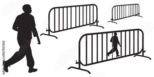 Person walking past a row of barricades on a city street Vector
