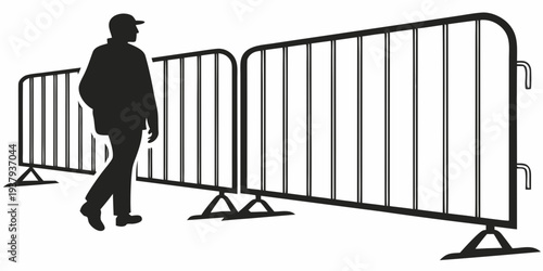 A person walking past a row of metal barricades on a city street. Vector