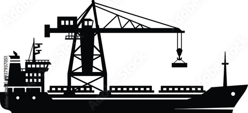 Cargo, ship, crane, loading, container, vessel, shipping, port, harbor, logistics, freight, maritime, transport, dock, trade, export, import, industrial, silhouette, vector, illustration, cargo, 