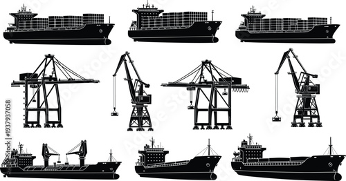 Cargo ship and harbor crane silhouette collection, maritime shipping vessels and port loading equipment, global freight logistics industry icons isolated illustration set