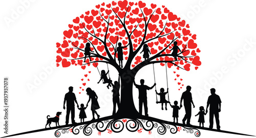 Family silhouettes with children playing under a large heart shaped tree with red leaves isolated on white background for love and unity.