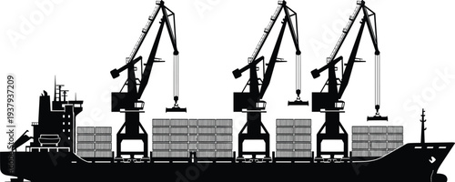 Container, cargo, ship, loading, shipping, port, industrial, harbor, logistics, freight, maritime, transport, crane, containerized, trade, export, import, global, supply, chain, dockside, silhouette, 