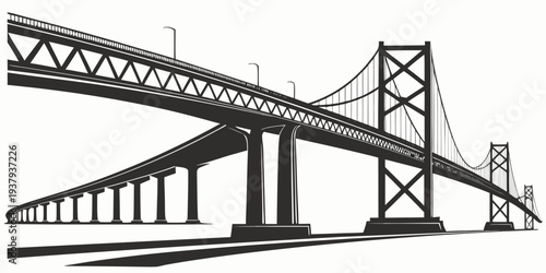 A large suspension bridge spanning a wide body of water with a cityscape in the background Vector