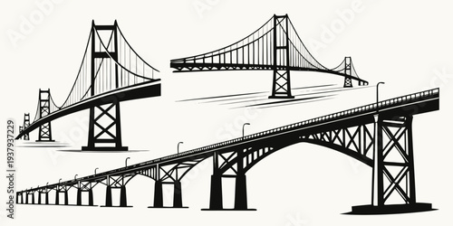Three different types of bridges with unique architectural designs. Vector