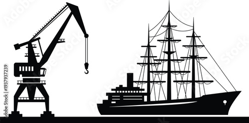 Harbor crane and classic sailing cargo ship silhouette, maritime port loading scene, historical shipping transport industry, dockside logistics infrastructure illustration isolated