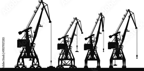 Industrial harbor crane silhouettes lined along dockyard, maritime cargo loading equipment, shipping port logistics infrastructure, heavy construction machinery skyline isolated illustration
