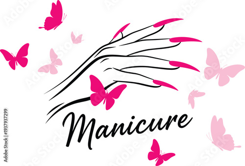 Manicure logo with female hand and long pink nails surrounded by butterflies isolated on white background for beauty salon and nail bar