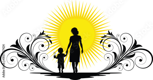 Mother and son silhouette walking together holding hands with yellow sun and floral swirl background for family love, parenting, and childhood concept.