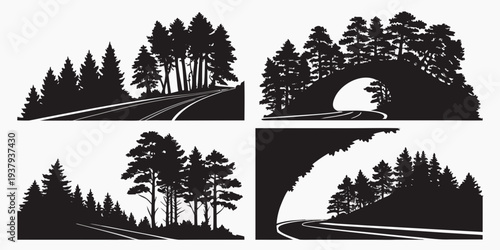A serene landscape featuring a variety of trees and natural elements in four distinct scenes Vector