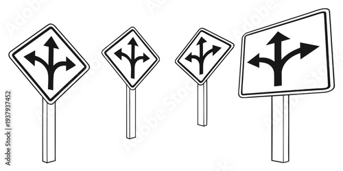 Four road signs indicating a three-way intersection ahead on a clear background. Vector