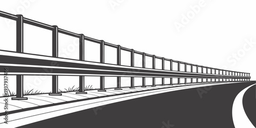 A long, empty train platform stretches into the distance with a train on the tracks. Vector