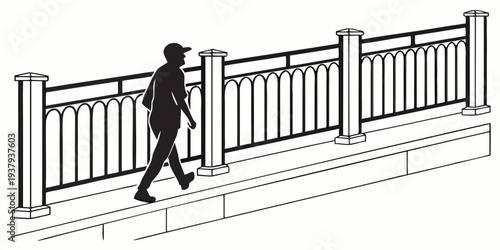 Person walking up stairs with a white fence on the side Vector